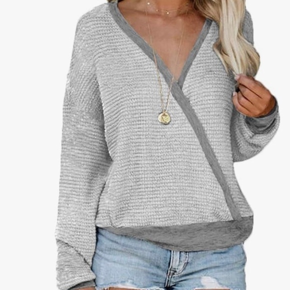 NSQTBA by Amazon Tops - Wrap-style, deep v-neck, poly/spandex waffle knit top with contrast trim -size L